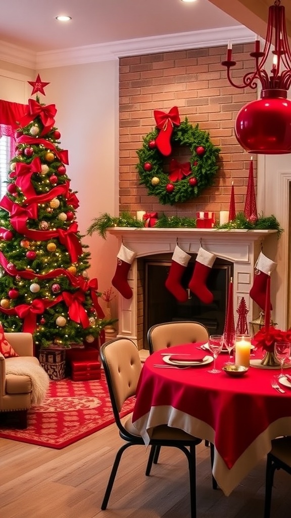 A festive Christmas living room with a red-themed tree, stockings, and table decor.